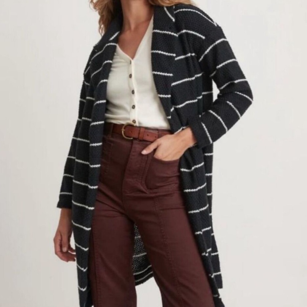 Marine Layer Birdseye Stripe Long-Line Cardigan Coat Size XS Sweater Comfy Black